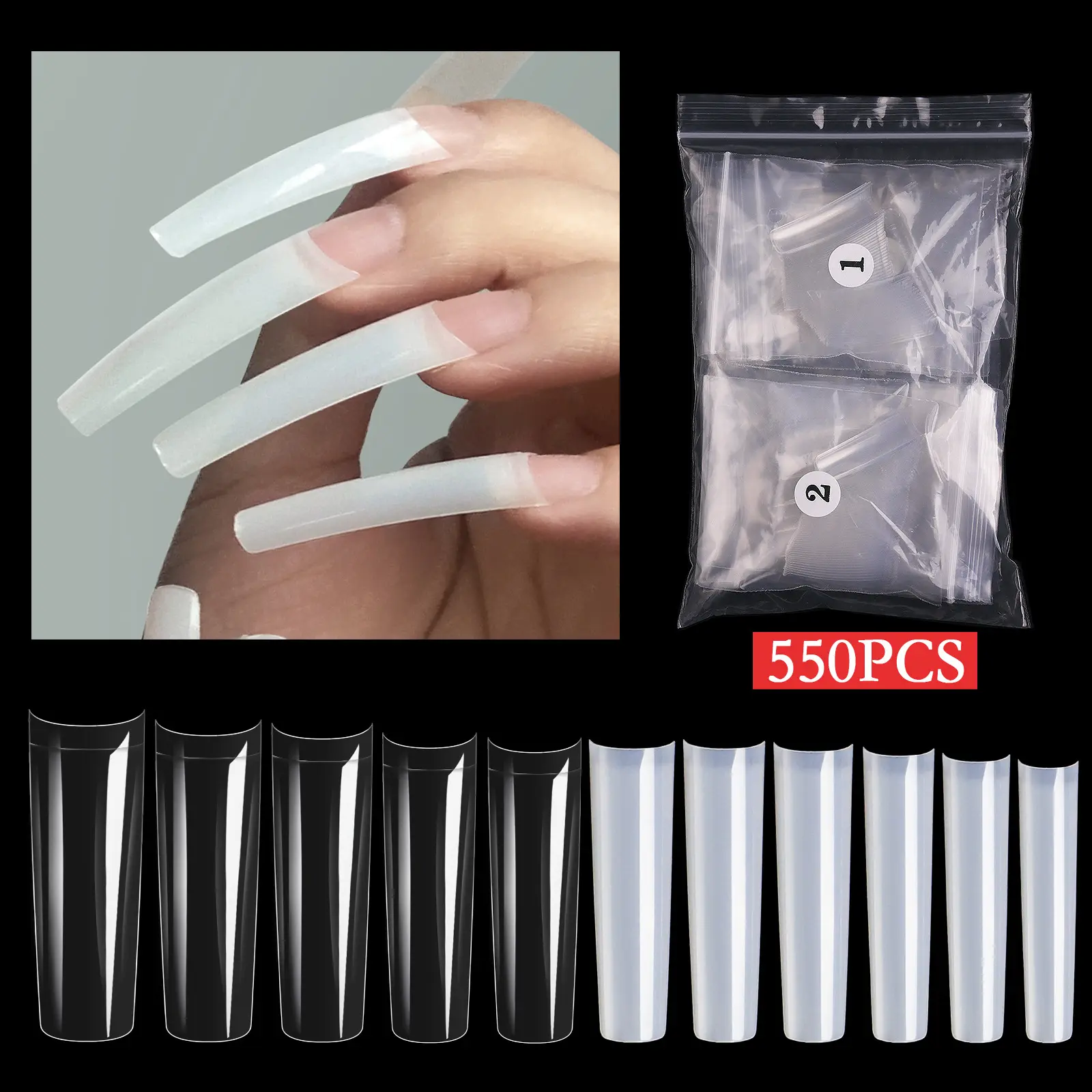 Newest 550pcs xxl coffin nail tips curved square artificial nails long french coffin nail tips