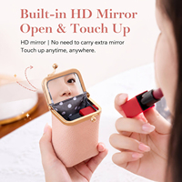 Hothome Mini Porte-monnaie en cuir véritable pour femme, motif litchi, avec miroir, pochette portable pour rouge à lèvres, trousse de maquillage quotidienne, style frais et doux