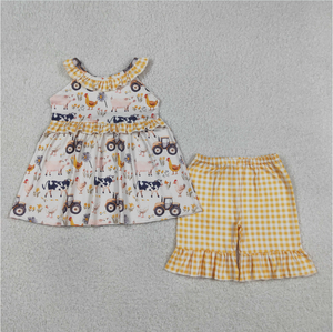 Sibling Baby Girls Pigs Cows Tunic Checked Ruffle Short Farm <b>Clothes</b> Set Rompers - Product Image 5