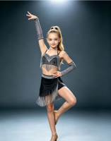 Tenue de concours de danse latine pour filles Anna Shi avec strass et franges, haut à bretelles spaghetti et jupe à franges pour spectacle sur scène