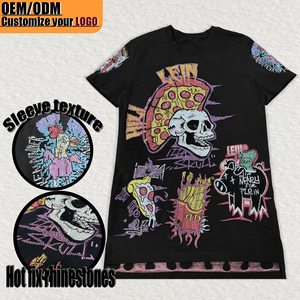 <span class=keywords><strong>T</strong></span>-<span class=keywords><strong>shirt</strong></span> long décontracté pour <span class=keywords><strong>femme</strong></span> 100 % coton, coupe oversize, style hip-hop urbain, avec crâne personnalisé en <span class=keywords><strong>strass</strong></span>, effet délavé vintage - Product Image 1