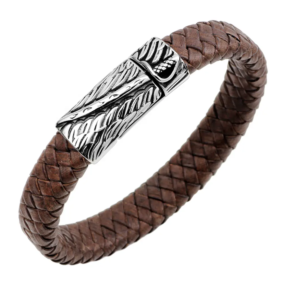 Vintage Geometric Stainless Steel Sword Genuine Leather Bracelet Woven Bracelets for Men Magnet Clasp Bangles Jewelry(LY041)