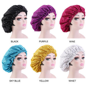 Mujeres <span class=keywords><strong>Bebe</strong></span> Perruque Bling Bonnets Rhinestone Sleeping Satin Hair Bonnet Caps Poliéster Seda Lentejuelas Bonnet con diamantes - Product Image 3