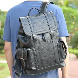 Men Style Trend Custom Logo Embossed Travel Computer Bag Vegan Leather Laptop Backpack For Men