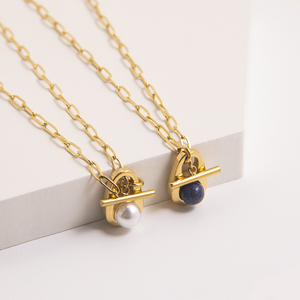 Powell moda Custom acciaio inox Ot Design <span class=keywords><strong>con</strong></span> bottone collana catena di graffette <span class=keywords><strong>con</strong></span> gemma di perle e agata intarsio pendente - Product Image 2