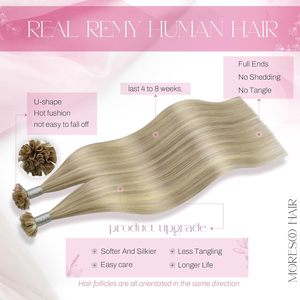 Extensions de cheveux naturels brésiliens Remy Moresoo, pointe en K/U, mèches blondes cendrées et décolorées, 20 pouces, lisses, 50g, 50 mèches - Product Image 2
