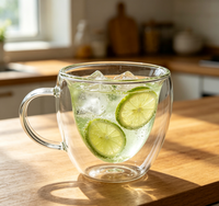 Mug en verre borosilicate à double paroi fait main 250 ml, design moderne, tasse intérieure en forme de cœur, poignée transparente, résistant à la chaleur