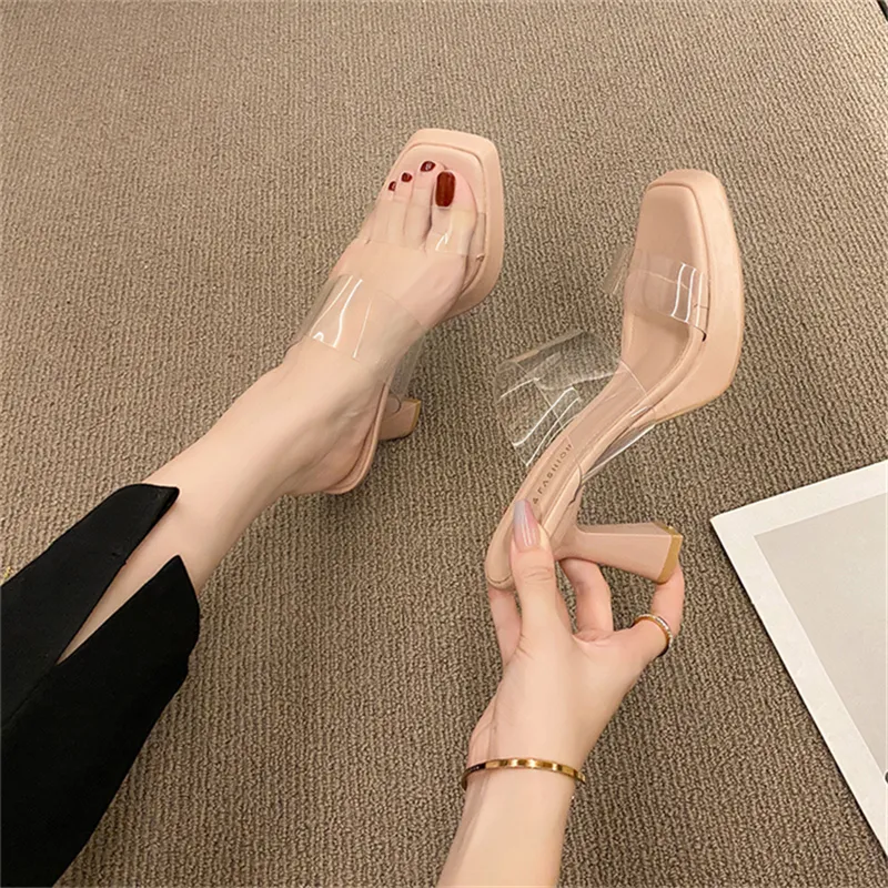 2024 New Women's Shoes Summer Square Head Open Toe Fish Mouth Women's Waterproof Platform Middle Heel Fashion Slipper