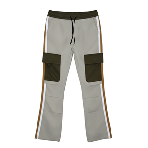 Pantalon cargo en nylon gris clair pour homme, poches vert olive, bandes latérales, taille élastique avec cordon de serrage, jambe évasée, pantalon décontracté ample - Product Image 3