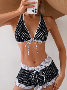 Ensembles Tankini 3 Pièces à Pois pour Femmes, Maillot de Bain Dos Nu Halter Superposé à Volants, Vente en Gros, Maillot de Bain Personnalisé avec Logo - Product Image 2