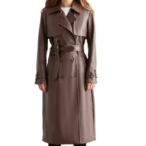 Fashion Elegant European Style Long PU Leather Trench Coat Women Double-Breasted with Belt Spring Autumn Lady Outerwear