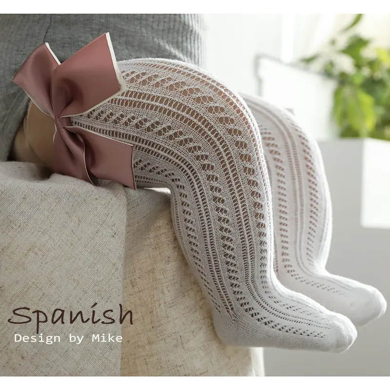 Kaus kaki bayi perempuan selutut gaya Spanyol 2023 kaus kaki panjang ruffle tabung katun rajut bayi baru lahir stoking panjang dengan pita kaus kaki bayi
