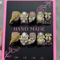 TSZS Faux Ongles de Luxe Faits Main à Pression, Motif Bec de Canard, Strass 3D, Papillon, Fleur, French, Réutilisables, pour Femmes et Filles
