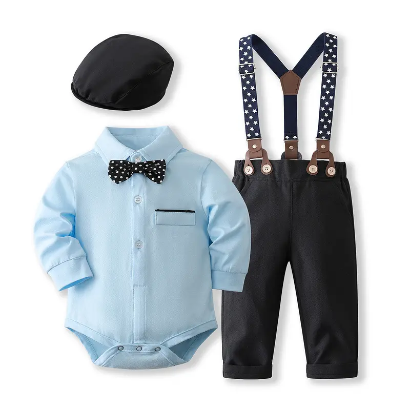 Toddler Boys Clothes Gemtlemen Outfit Suits Solid Color Romper Suspenders With Hat 3pcs Baby Boy Party Wear Formal Clothing Sets