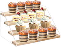 Présentoir pliable en bois à 3 niveaux avec panneau latéral en acrylique transparent pour figurines de collection, jouets, artisanat et présentation de desserts