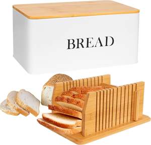 Recipiente de almacenamiento de pan de metal con tapa de tabla de cortar Caja de pan con rebanador de pan de Bambú - Product Image 1
