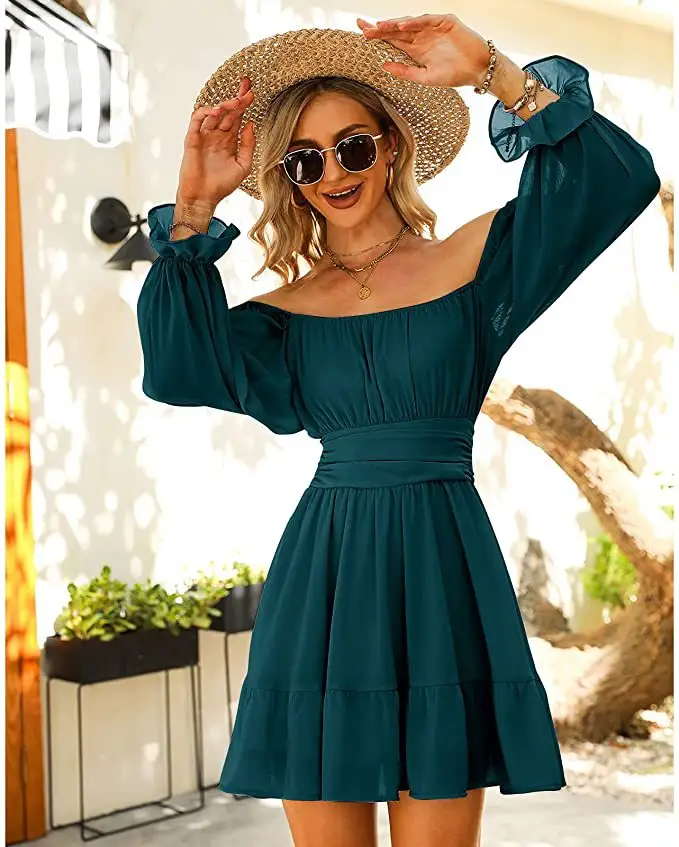 High Quality 2022 Spring Women Long Sleeves Square Collar Backless Slim Mid Length Chiffon Lace Dress