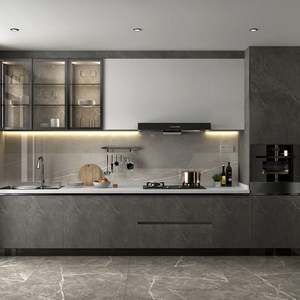 Système d'armoires de cuisine avec îlot de garde-manger intégré au design moderne, solution de rangement intelligente complète personnalisée, marbre, verre, charnières - Product Image 2