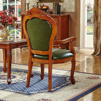 Chaise de salle à manger en bois massif sculpté avec accoudoirs en cuir de vachette de style européen pour mobilier d'hôtel, cuir véritable