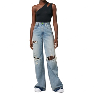 กางเกงยีนส์ผู้หญิงทรงขากว้างเอวสูง สไตล์วินเทจ ขาดๆ ฟอกสีน้ำเงิน แบบขายส่ง แฟชั่นสั่งทำได้ - Product Image 5
