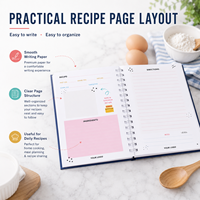 Carnet de recettes spirale personnalisé bleu marine avec couverture illustrée colorée sur le thème alimentaire, pages de planification de repas, impression de logo, vente en gros