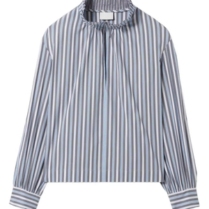 Blusa de Manga Larga a Rayas Verticales Gris Azulada Personalizada Leduo para Mujer, Camisa Casual con Cuello Alto con Volantes para Uso Diario - Product Image 1