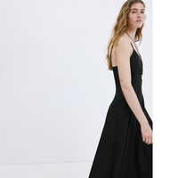 Robe midi en lin noire pour femme, col en V profond, coupe trapèze, bretelles spaghetti réglables, sans manches, pour l'été 2026, vacances à la plage