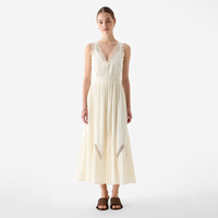 Robe midi personnalisée pour femme avec étiquette privée, en dentelle ivoire, sans manches, col en V, boutonnée sur le devant, taille smockée, plissée, style bohème