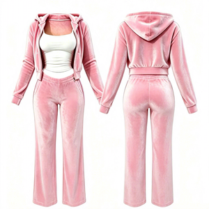 Ensemble de sweat-shirt à capuche en velours rose pour femmes, haut à fermeture éclair à manches longues, pantalon droit, tenue décontractée en 2 pièces, coupe ample pour toutes les saisons - Product Image 1