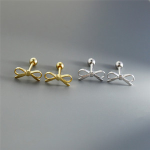 SP Korea busur Stud anting-anting perak murni 925 18K pita busur berlapis emas anting-anting sekrup dukungan - Product Image 5