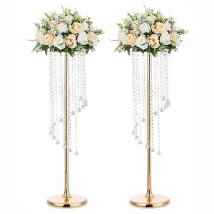 Metal uzun boylu yapay çiçek standı düğün dekorasyon altın şamdan kristal Centerpieces