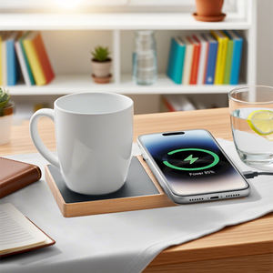 Support Chauffant à Café <span class=keywords><strong>2</strong></span> en 1 en Bambou avec Chargeur Sans Fil USB et Chauffe-Tasse Électrique et Support de Téléphone Portable avec Vidéo - Product Image 4