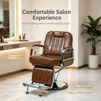Sillón de Barbería Vintage Retro de Cuero PU Marrón, Hidráulico, Reclinable, Resistente, para Salón de Belleza, Escuela, con Rotación de 360 Grados