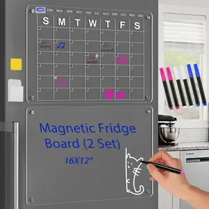 Acrylic Magnetic Calendar for Fridge- Dry Erase Planning Board 16x12" Weekly and Monthly Planner 2 Set with Sticky Hooks