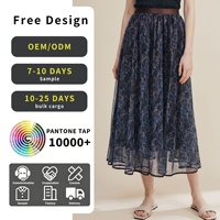 Rok Tulle Motif Kacang Mete Biru Boho Wanita dengan Ikat Pinggang Cokelat, Rok Midi Model Swing Pinggang Tinggi