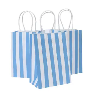 HDPK Customized Sky Blue Striped Round Rope Kraft Paper Bag Packaging Bag Paper Bag Blue Striped