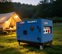 Générateur diesel silencieux portable 11 kW 12 000 W max, groupe électrogène V-Twin AVR 25 L 1800 tr/min 230 V 400 V 50 Hz, remorque 200 A, efficacité 91 %