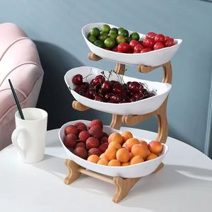 Corbeille à fruits multi-niveaux avec support en <span class=keywords><strong>bambou</strong></span> naturel, plateau à bonbons en plastique et cadre en bois, plateau de service en <span class=keywords><strong>bambou</strong></span> pour comptoir de cuisine - Product Image 1