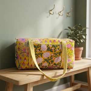 <b>Yellow</b> Floral Quilted Weekender Duffel <b>Bag</b> Large Capacity Travel Duffel <b>Bag</b> Striped Handles Beach Yoga <b>Bags</b> Customized Travel Ba - Product Image 3