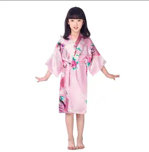Детское атласное кимоно ecowalson, одежда для сна для девочек, одежда для сна с цветочным принтом павлина, халат для спа, свадебная ночная рубашка для дня рождения