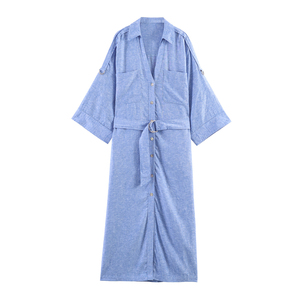 Robe chemise midi boutonnée en lin pour <span class=keywords><strong>femme</strong></span>, collection Printemps 2026, coupe décontractée, avec ceinture – Style vintage, fabrication OEM par usine <span class=keywords><strong>de</strong></span> vêtements chinoise - Product Image 1