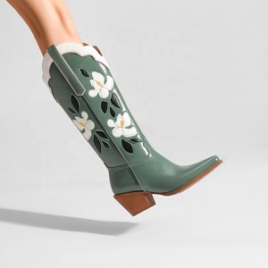 Handmade Green PU Leather Knee-High Western <strong>Cowboy</strong> <strong>Boots</strong> for Women Custom Floral Inlay Embroidered Pointed Toe Autumn Winter - Product Image 1