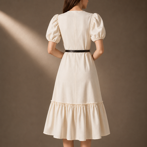Wholesale V-Neck <b>Puff</b> Sleeve Midi Dress With Belt A-Line Casual Woven Solid Color Spring Dress - Product Image 2