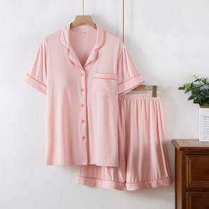 Pigiami in bambù personalizzati all'ingrosso da <span class=keywords><strong>donna</strong></span>, casual, tinta unita, estivi, sottili, a maniche corte, per la casa, <span class=keywords><strong>con</strong></span> elastico in vita - Product Image 2
