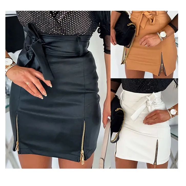 Summer sexy bodycon fashion style high waist black leather skirts for ladies