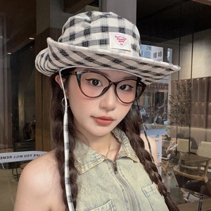 Korean Style Heart Plaid Bucket <b>Hat</b> Red And Black Wide Brim Sunshade <b>Hat</b> For Women <b>Summer</b> Breathable Canvas Fisherman <b>Hat</b> - Product Image 3