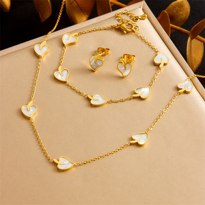 Heart Shape Stainless Steel Jewelry <b>Set</b> For Women Gift Fashion Necklace Earrings <b>Bracelet</b> White Shell Design - Product Image 1