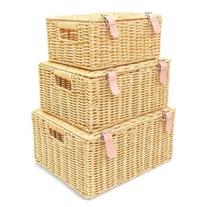 Set <span class=keywords><strong>di</strong></span> 3 Cesti Portaoggetti Rettangolari in <span class=keywords><strong>Vimini</strong></span> <span class=keywords><strong>con</strong></span> Coperchi, Grandi Contenitori Impilabili per Organizzazione e Arredamento - Product Image 2