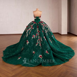 Vestido de Quinceañera de Gasa con Escote Corazón Rsm261038, Mangas Desmontables, Espalda de Encaje, Lentejuelas, Bordados y Apliques, Cola Watteau - Product Image 3