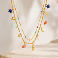 SUMMLY Ozean-Urlaub Mehrschichtige Charm-Halskette 18K Vergoldeter Edelstahl Perlen Doppelstrang-Kette Damenschmuck